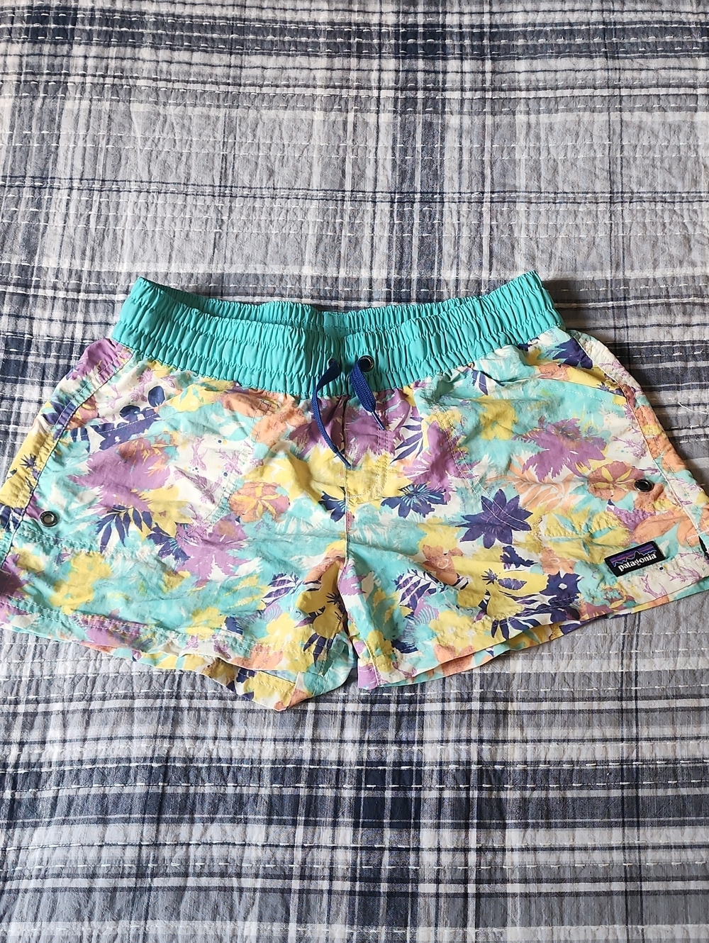 Patagonia Teal Floral Swim Shorts with Yellow & Purple Accents